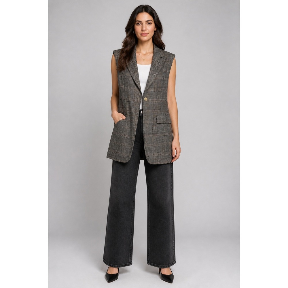 BCBG Longline Blazer Vest Womens 2 Brown Metallic Glen Plaid Modern Office
